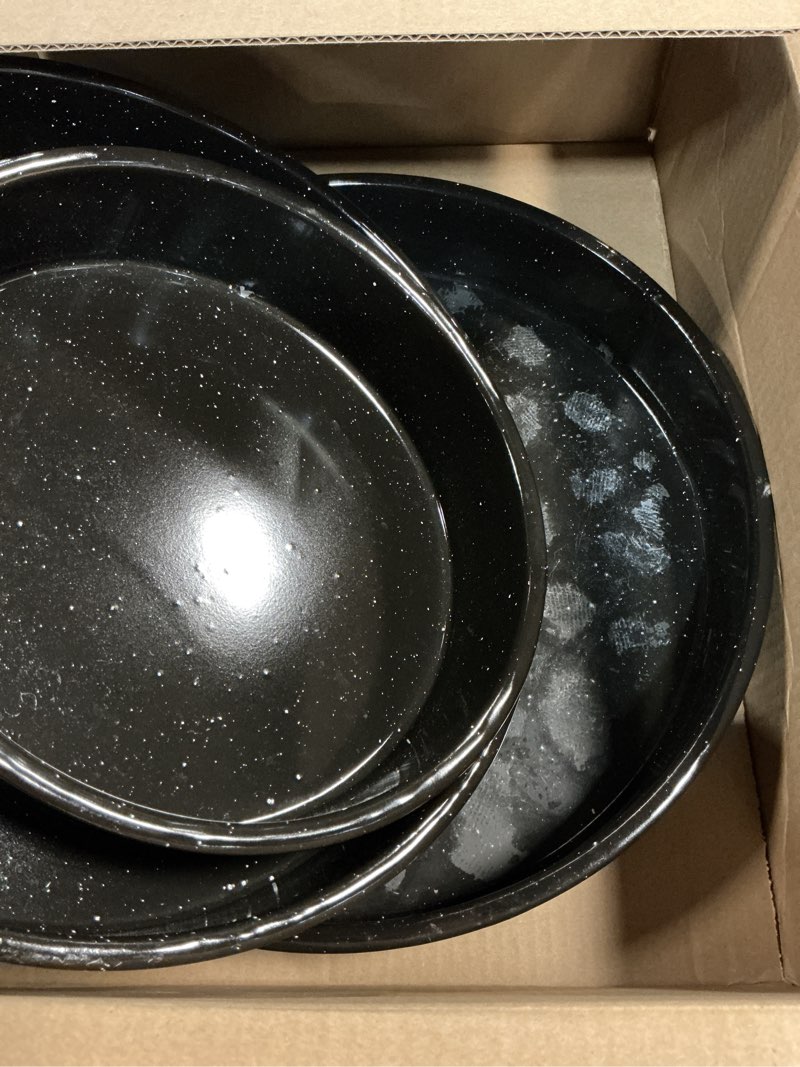 Condition photo showing As Is for 3-pack enamel roasting pan set round deep baking pans oven trays10"/12"/14" cake pans high performance non-toxic pizza pan cookie baking sheets oven trays for cooking merry christmas gift for mom