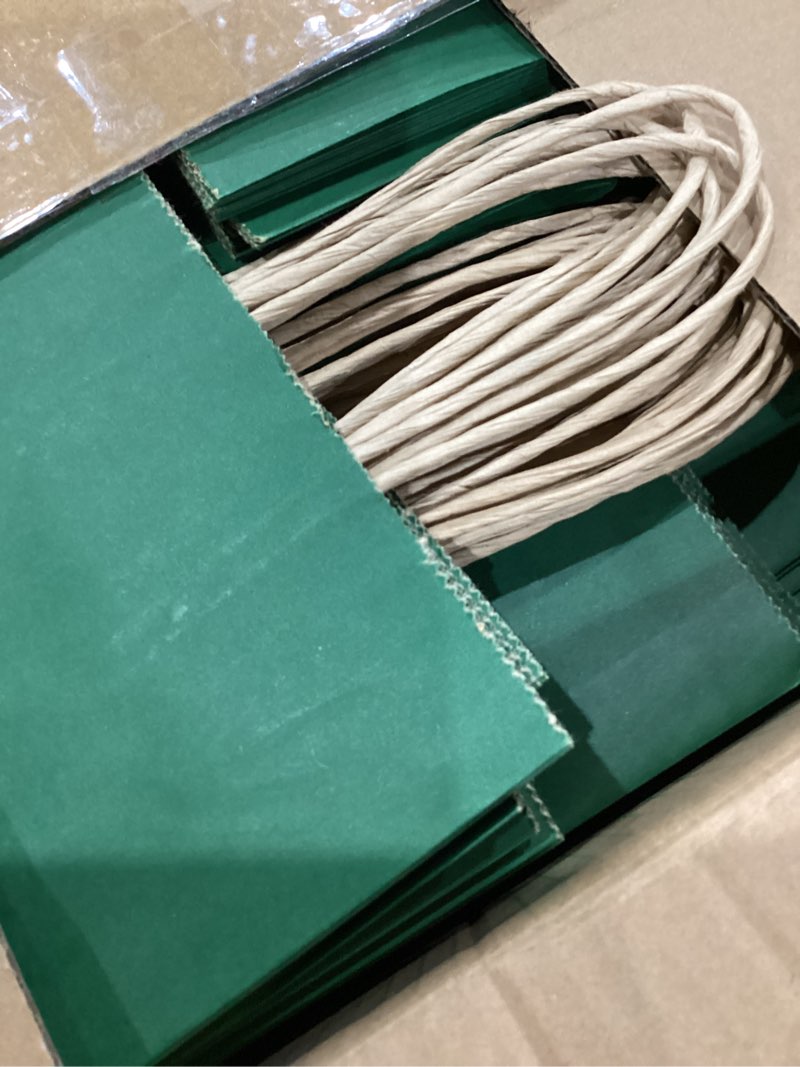 Condition photo showing As Is for qiqee 100PCS Gift Bag with Handles Bulk Kraft Deep Green Paper Bags Assorted Sizes(33pcs Large 13",33pcs Medium 11",34pcs Small 8")