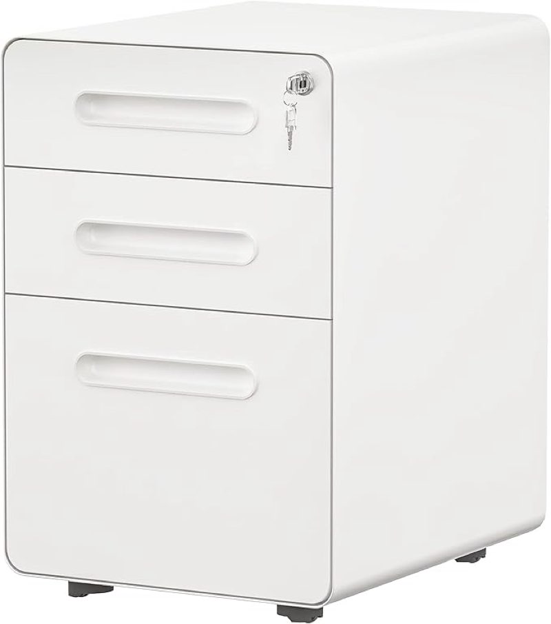 YITAHOME 3-Drawer Rolling File Cabinet, Metal Mobile File Cabinet with Lock, Filing Cabinet Under Desk fits Legal/A4 Size for Home/Office, Fully Assembled-White