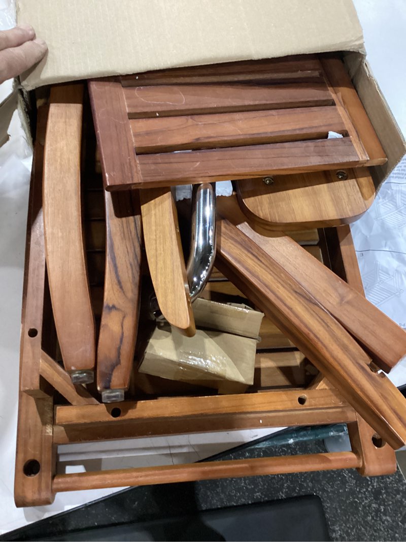 Condition photo showing Good Condition for Fun Memories Teak Shower Bench Seat with Handles and Backrest, 19" Solid Wood Shower Stool Waterproof Shower Seat with Storage for Inside Shower Legs Shaving, Seniors Elderly Heavy Duty Teak Bathroom Stool with Backrest 14"D x 19"W x 29"H