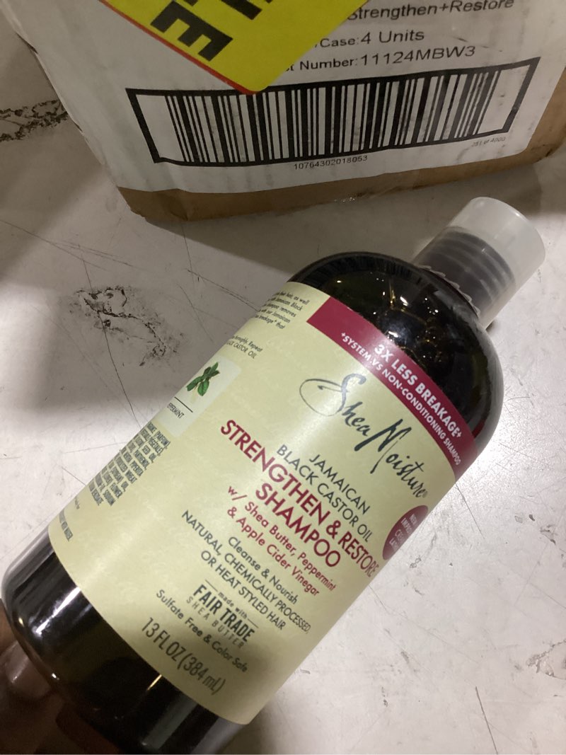 Condition photo showing As Is for sheamoisture jamaican black castor oil strengthen & restore shampoo, shea butter, peppermint & apple cider vinegar, sulfate free, chemically processed hair, 13 fl oz ea (pack of 4)