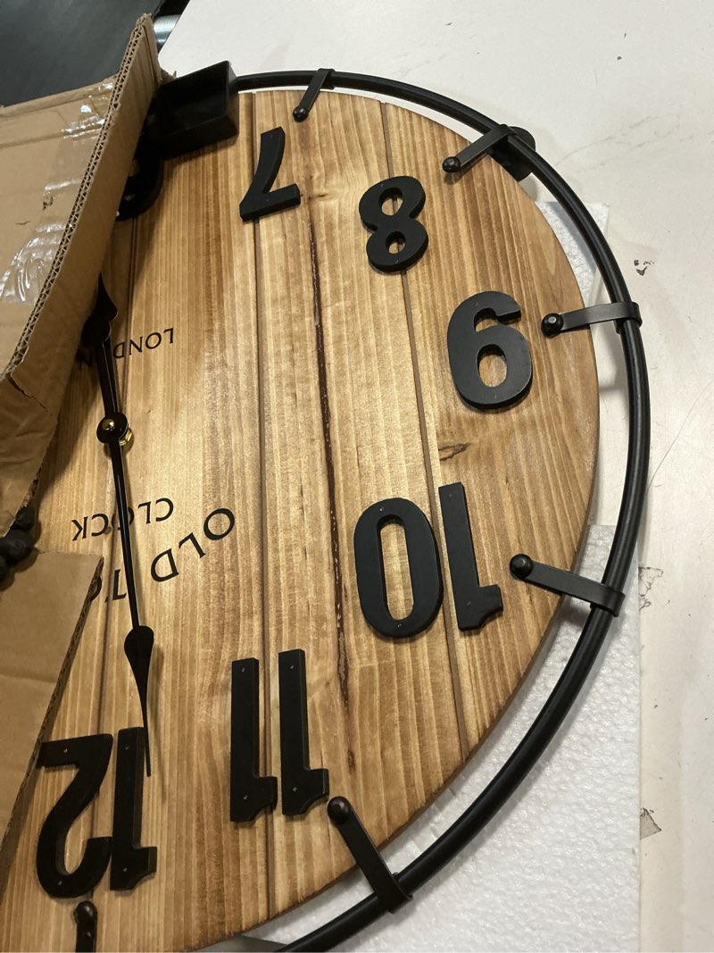 Condition photo showing Good Condition for large old town farmhouse wall clock 24 inch rustic antique wood with metal circle and large numerals silent battery operated wall clock for office kitchen bedroom living room brown 24 inch