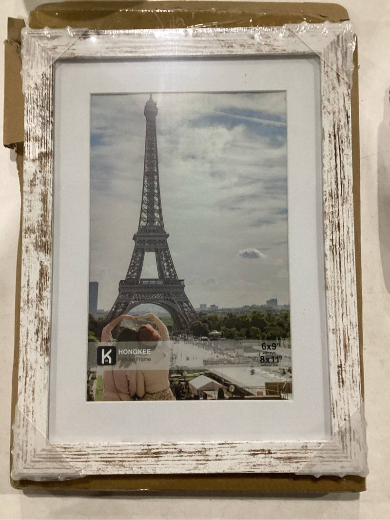 Condition photo showing New/Like New for hongkee 8x11 picture frame with glass, display pictures 6x9 with mat or 8 x 11 without mat - wall and tabletop, 8 by 11 photo wooden frames (distressed white, 1 pack) distressed white 8x11 in