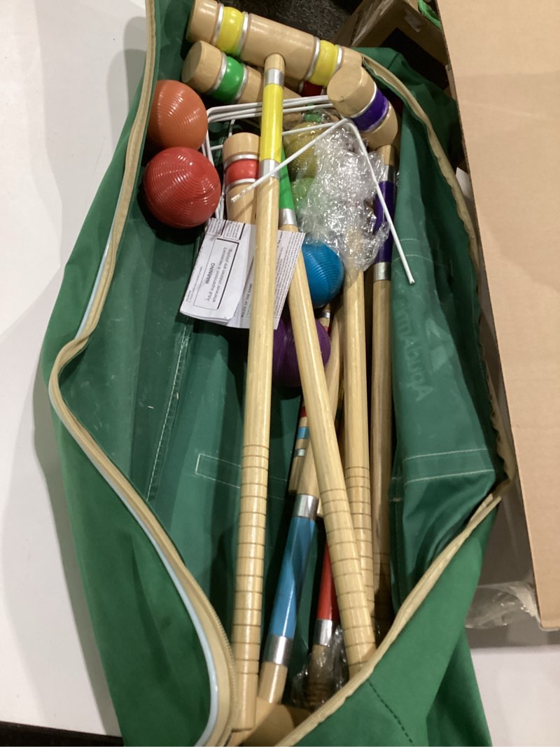 Condition photo showing As Is for apudarmis six player croquet set with premiun rubber wooden mallets 28in,colored ball,wickets,stakes - lawn backyard outdoor game set for adults/teenagers/family (large carry bag including) 28'' standard