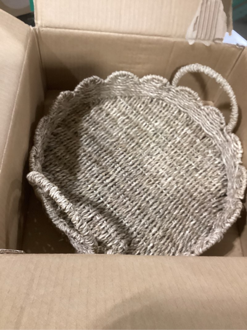Condition photo showing Good Condition for Household Essentials Round Handwoven Seagrass Tray with Scalloped Edge and Handles, Natural Natural Seagrass 14"