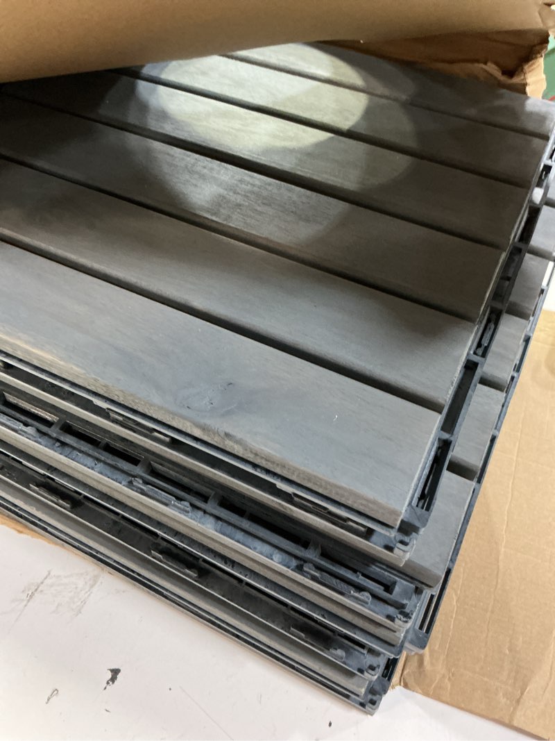 Condition photo showing Good Condition for thyoi premium deck tiles, patio flooring - outdoor waterproof acacia wood tiles for all weather use - balcony, backyard, indoor & outdoor (grey, square - set 10 striped pattern) grey set 10 striped pattern