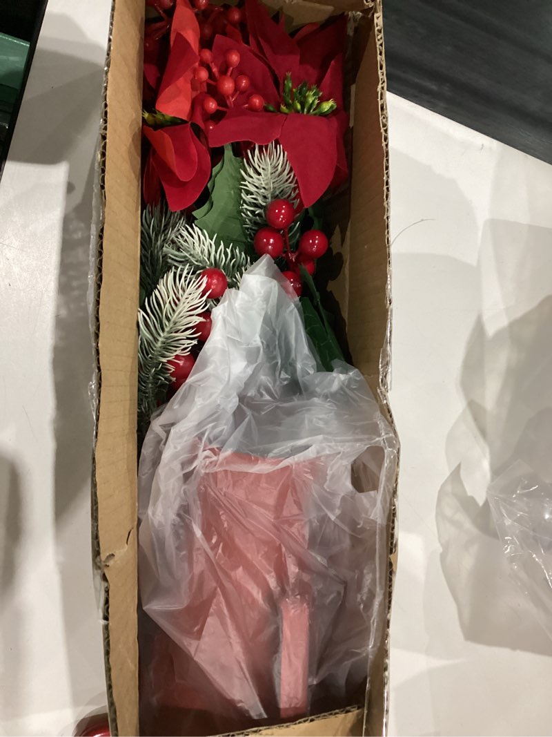 Condition photo showing Good Condition for Artificial Poinsettia Flowers with Metal Vase, Christmas Floral Arrangements for Table Centerpiece, Indoor Christmas Decorations for Home, Office, Wedding (Red Bouquet)