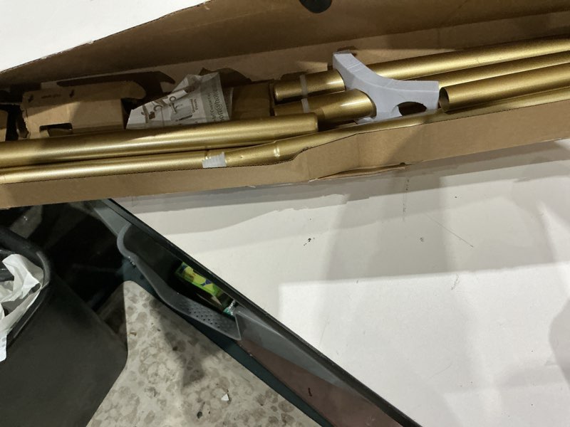 Condition photo showing Good Condition for bay window curtain rods 36-72 inch, hotozon 1 inch curtain rods for bay windows 24-68 inches(center rod)), 20-36 inch side rods for windows 8-32 inches with end cap finials, antique gold antique gold 36-72" (3 sides)