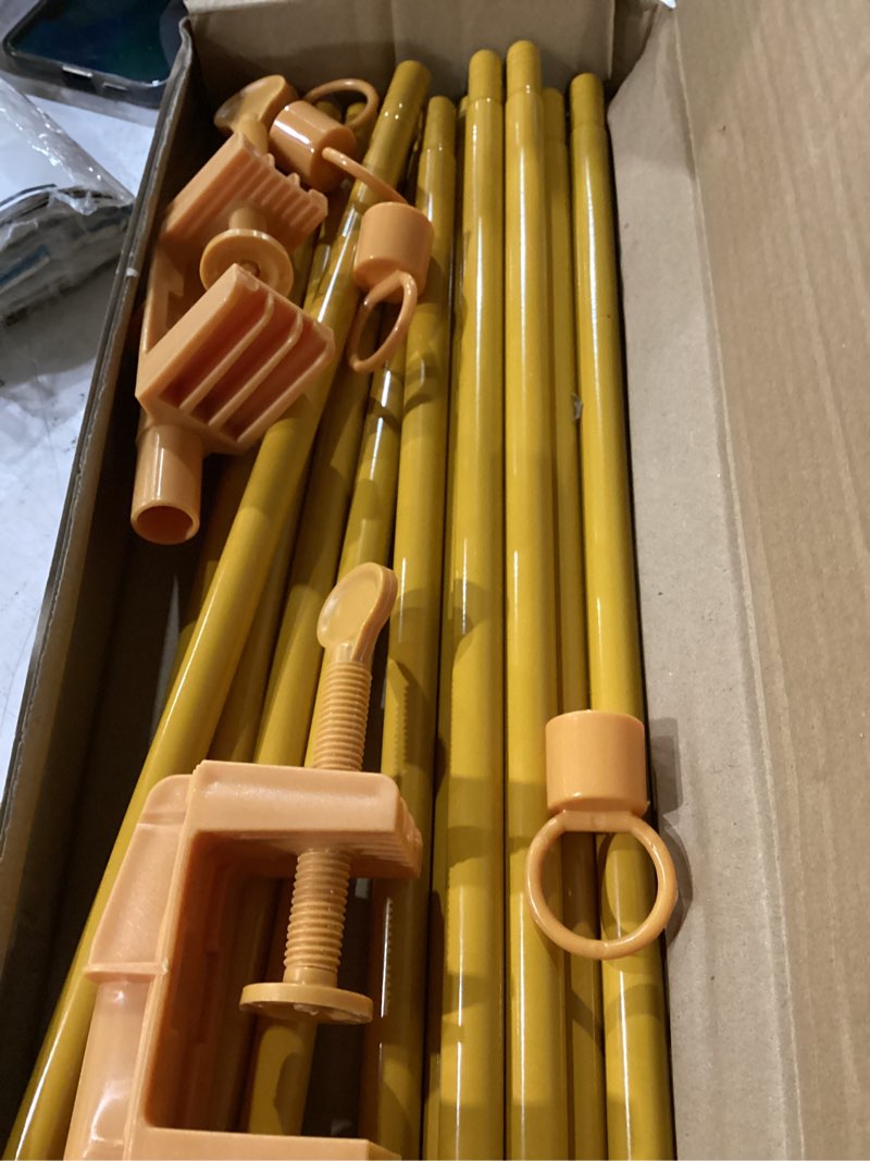 Condition photo showing As Is for over the table rod stand with clamps, adjustable 28"-69" tall 31"-98" wide, heavy duty metal table arch stand for wedding birthday anniversary halloween christmas party decor (yellow) gold 31"-98"
