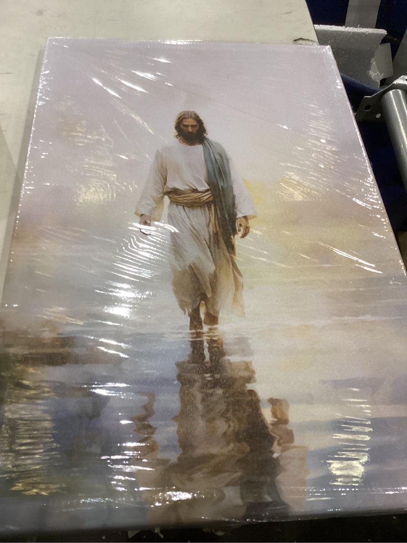 Condition photo showing New/Like New for Jesus Walking On Water Wall Art God Poster Picture Religious Bible Verse Canva Christian Nursery Print Abstract Inspirational Painting for a Modern Home Spiritual Living room Church Wall Decor Framed Jesus art 16"L x 24"W