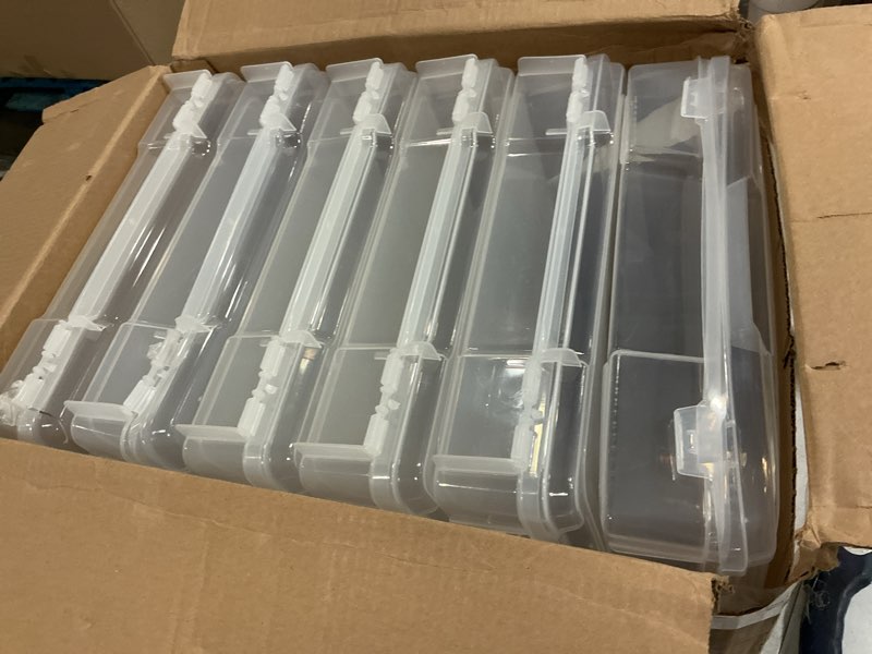 Condition photo showing As Is for iris usa fits 12" x 12" paper, 6-pack thick portable plastic scrapbook paper storage cases organizers with built-in handle for art craft supplies yarn file documents toys, rounded corner - clear clear 6 cases (12"x12")