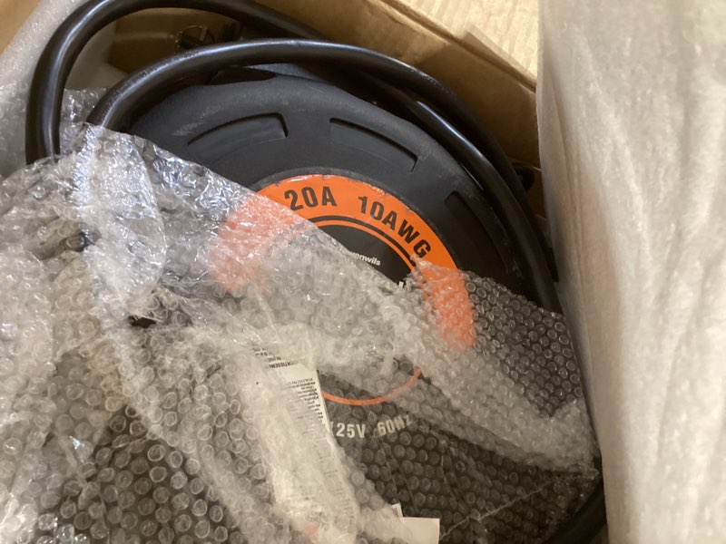 Condition photo showing As Is for DEWENWILS Retractable Extension Cord Reel, 40FT 10AWG/3C SJTW Heavy Duty Power Cord, 4 Grounded Outlets, 20 Amp Circuit Breaker, 2500W, 180° Swivel Bracket for Ceiling/Wall Mount, ETL Listed 10AWG/3C 40FT