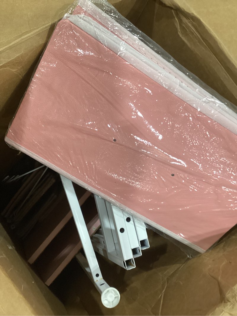 Condition photo showing Good Condition for mind reader standing desk, adjustable height laptop workstation, portable rolling desk on wheels, two-tier metal frame, pink