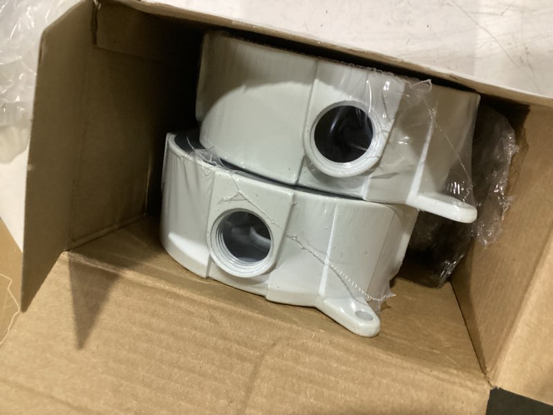Condition photo showing Good Condition for juexica 4 pcs 4 inch round electrical box 1/2 inch 5 holes weatherproof outlet junction ceiling fan box for outdoor lighting systems, ul listed(bronze) 1/2 inch bronze