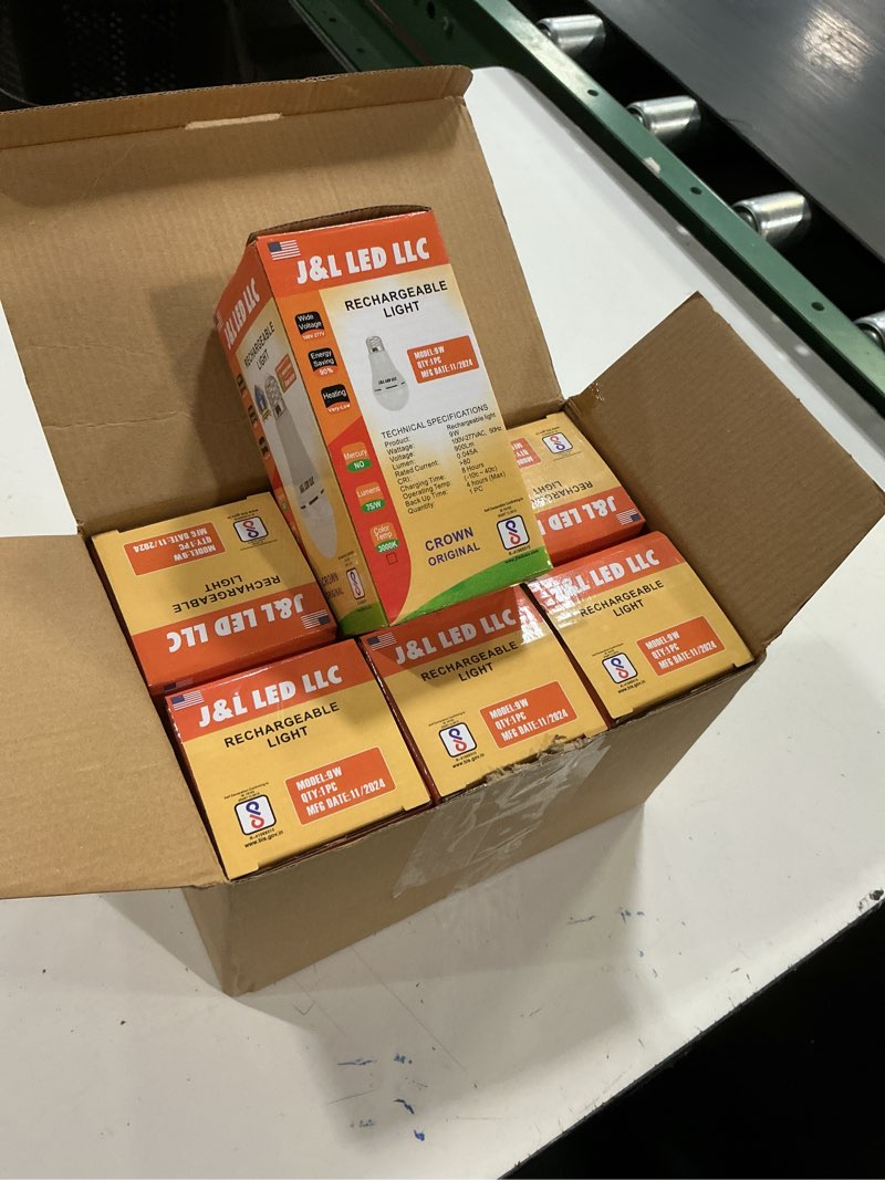 Condition photo showing New/Like New for (6 pack) a21 rechargeable emergency led bulbs 9w daylight white 6000k, multi-function battery backup emergency light for power outage camping outdoor activity, standard e26 screw base cold white 6000k 6 count (pack of 1)