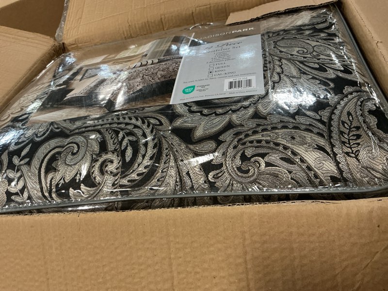 Condition photo showing Good Condition for Madison Park Aubrey Cozy Comforter Set, Faux Silk Jacquard Paisley Design - All Season Down Alternative Bedding with Cotton Bed Sheets, Bed Skirt & Toss Pillows, King Black 12 Piece Black Biab 12pcs King Comforter Set