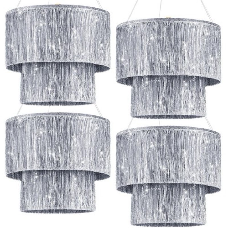 rossesay 2 pcs 2 tier fringe tinsel chandelier iridescent foil party disco ball decor chandelier decoration metallic foil shimmering bachelorette party decor photo booth supplies(silver)