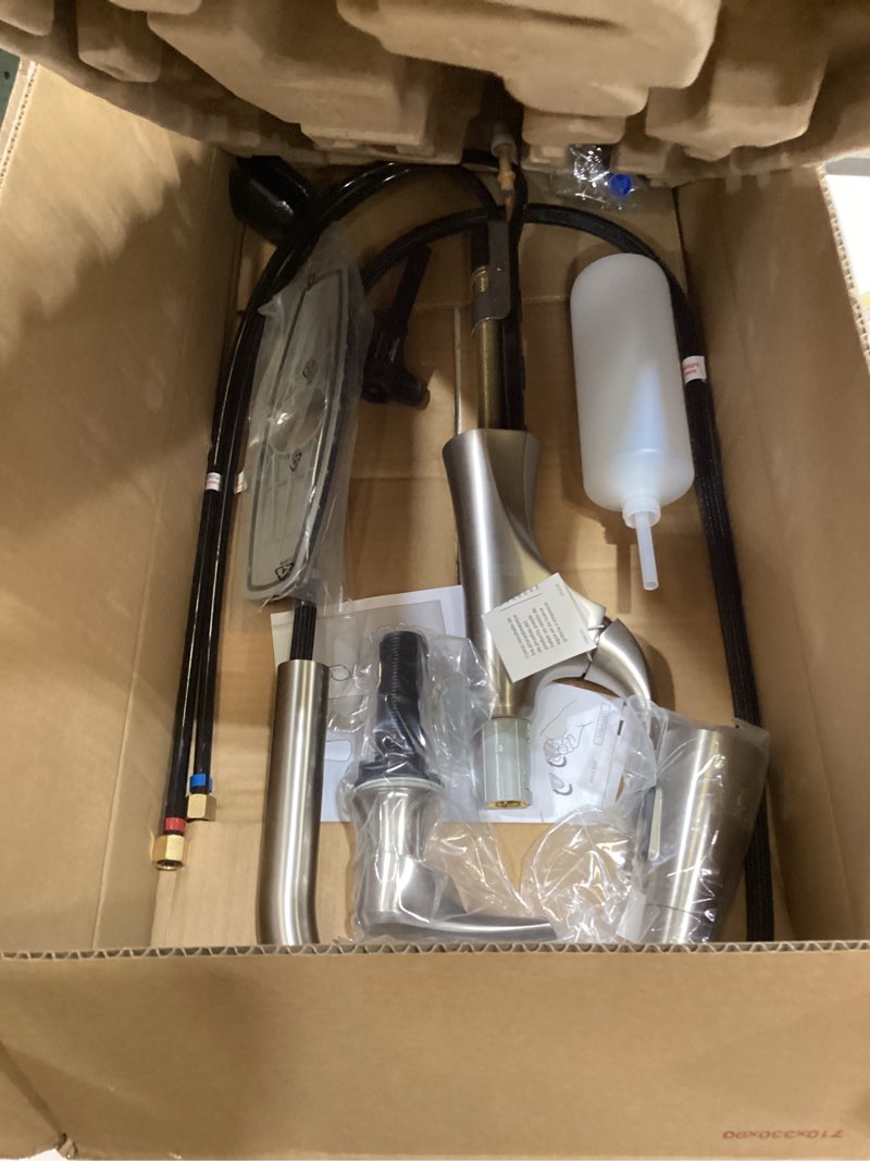 Condition photo showing As Is for pfister miri 2.0 kitchen faucet with pull down sprayer and soap dispenser, single handle, high arc, nsf certified, spot defense stainless steel finish, f5297mrrgs enhanced spray head spot defense stainless steel