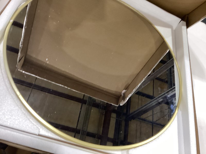 Condition photo showing New/Like New for bathroom mirror for wall, 24 inch round mirror, matte gold metal framed circle vanity mirror for bathroom bedroom living room entryway, anti-rust, tempered glass, hanging or leaning round 24"l x 24"w matte gold