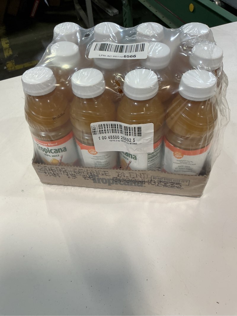 Condition photo showing As Is for (Jan / 19 / 26 ) Tropicana 100% Juice Orange Blend, Single Serve, 15.2 fl oz Bottles (Pack of 12) - Real Fruit Juice, Vitamin C Rich, No Added Sugars, No Artificial Flavors NEW! Orange Juice Blend 15.2 Fl Oz (Pack of 12)