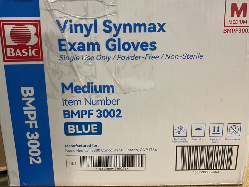 Condition photo showing New/Like New for basic medical synmax vinyl exam gloves - latex-free & powder-free - medium, bmpf-3002(case of 1,000) blue