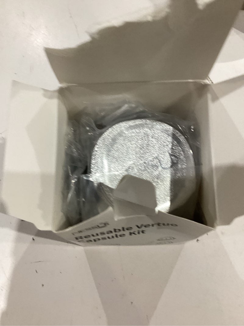 Condition photo showing As Is for reusable pods kit for nespresso vertuo, refillable vertuo coffee pods espresso accessories with 100 pcs foil seals lids, holder and brush for nespresso vertuo plus next capsule machine 1 holder + 100 foils + 1 brush