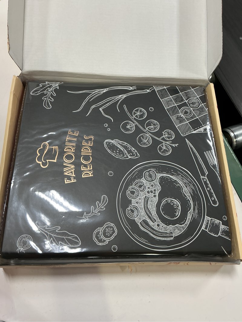 Condition photo showing New/Like New for recipe binder 8.5x11 3 ring, recipe book to write in your own recipes, full page recipe binder with plastic sleeves, blank recipe cards and dividers (blackboard painting) full-page cards blackboard painting
