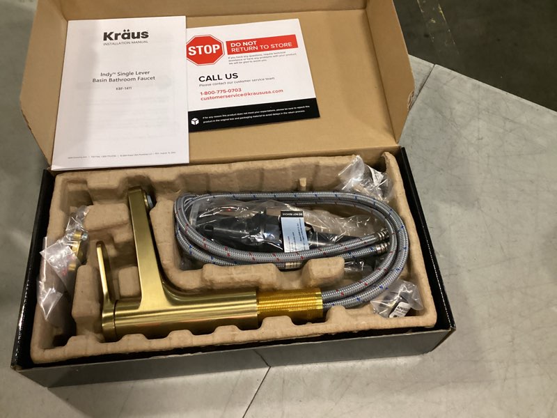 Condition photo showing New/Like New for kraus indy bathroom faucet in spot-free brushed brass with single handle, pop up drain and supply lines, kbf-1411sfbb spot free brushed brass basin + pop-up drain