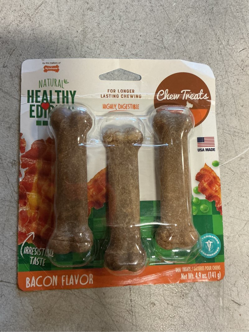 (Best by 03/21/27)Nylabone Healthy Edibles All-Natural Long Lasting Bacon Flavor Chew Treats 1 count pack of 3 Bacon S