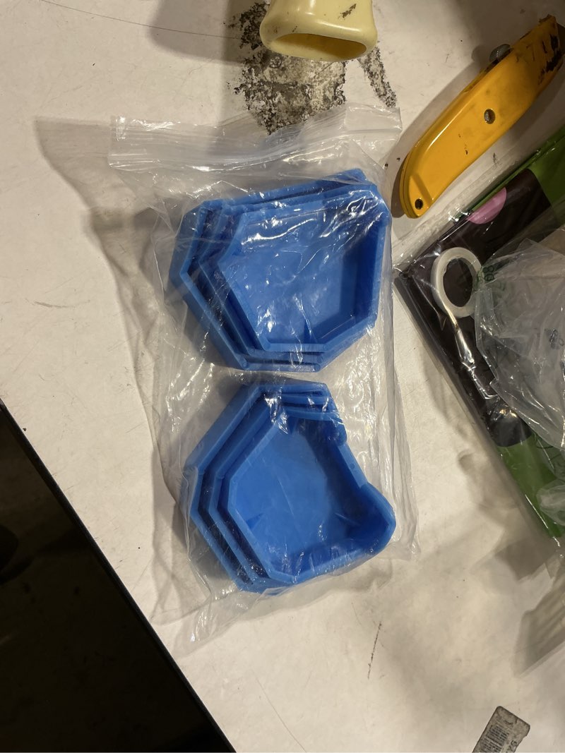 Condition photo showing New/Like New for dental model base forming kit, 6 piece professional base former set, blue plastic molds in small medium large sizes for dental casting and trimming
