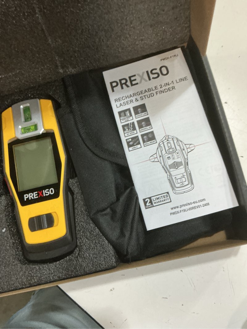Condition photo showing Good Condition for prexiso 2-in-1 stud finder with laser level, rechargeable multi surface cross line laser & wall stud scanners tool for hanging frames & picture, wood ac wire metal studs joist pipe detection
