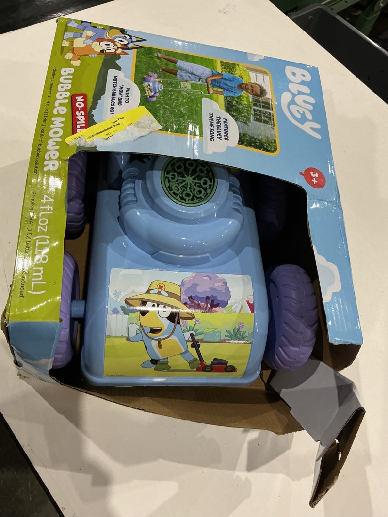 Condition photo showing As Is for (bubbles not included)little kids inc. bluey no spill bubble mower. ages 3+