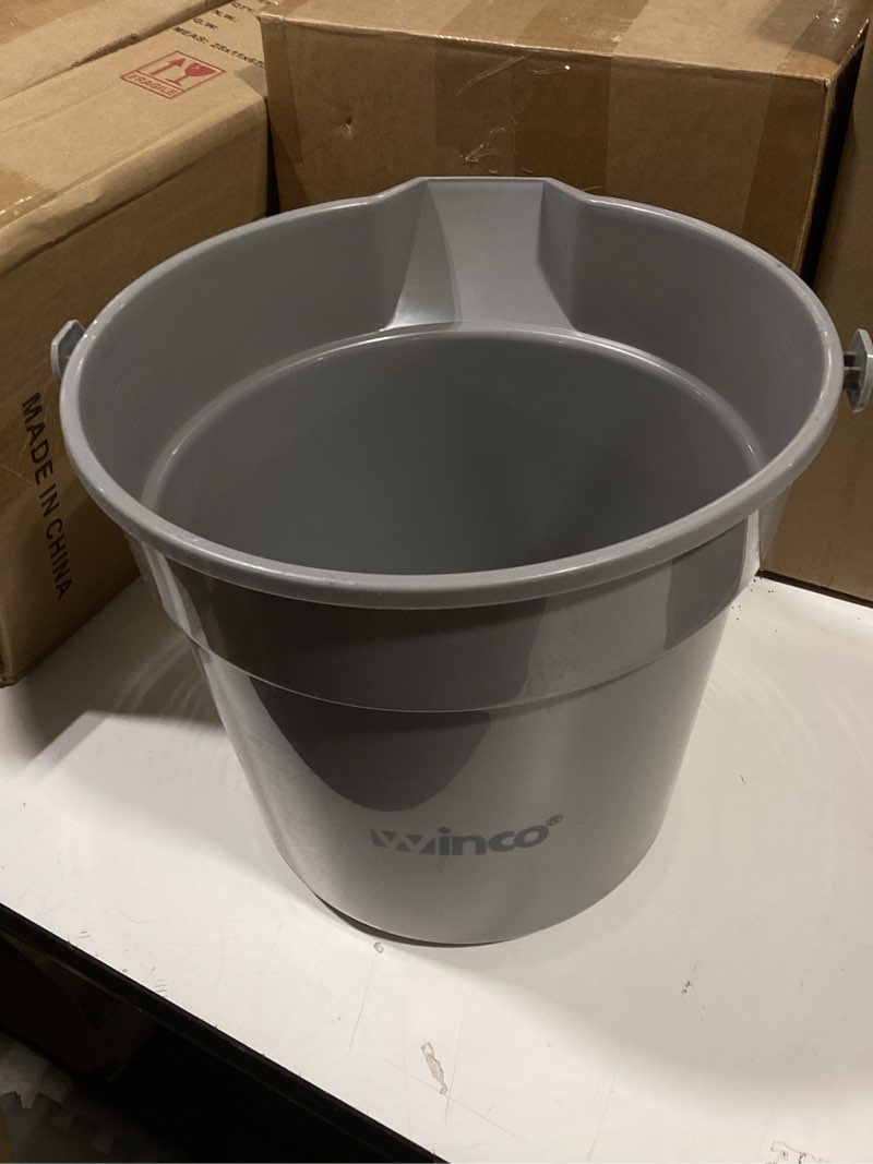 Condition photo showing As Is for winco heavy-duty plastic bucket/utility pail with pour spout, 10 quarts, gray