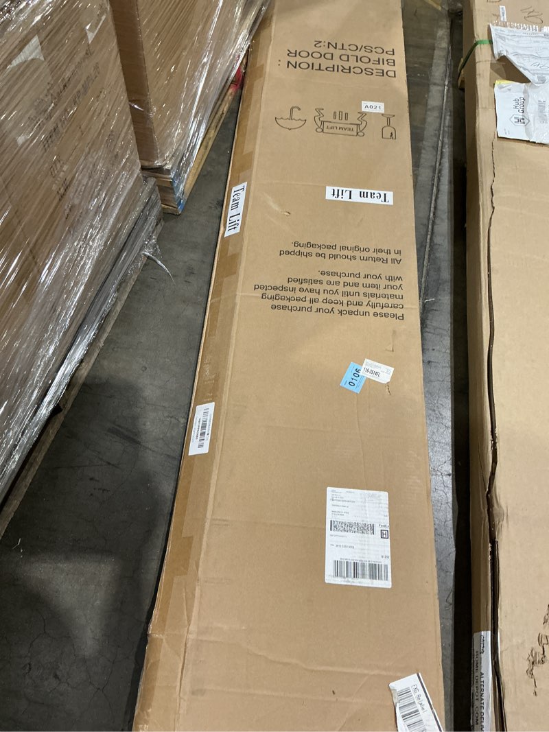 Condition photo showing Good Condition for bifold doors  pre-hinged, ready to install  track and hardware included  easy to install  ready to paint or stain  installation instructions on reverse side of this label