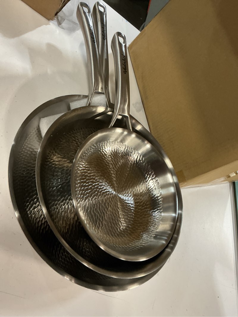 Condition photo showing As Is for Titanium Pans set, 8+10+12Inch Pure Titanium Hammered Pro with Two Lids, Non-Toxic Skillet for Cooking, PFAS/PFOA/PTFE Free Cookware, Dishwasher&Oven Safe, Kitchen Induction Compatible 8+10+12in w/lid