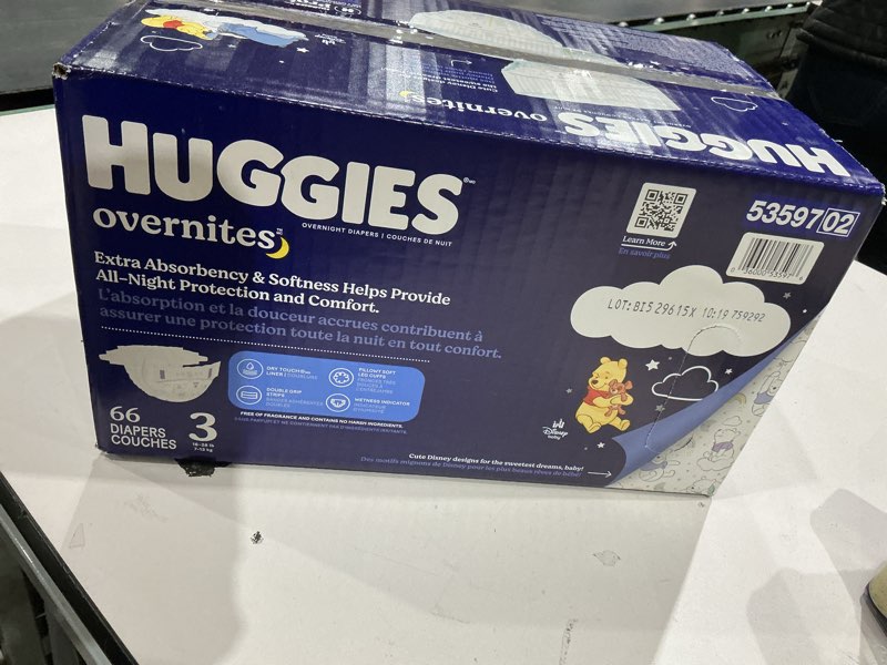 Condition photo showing New/Like New for huggies overnites size 3 overnight diapers (16-28 lbs), 66 ct, packaging may vary size 3 66