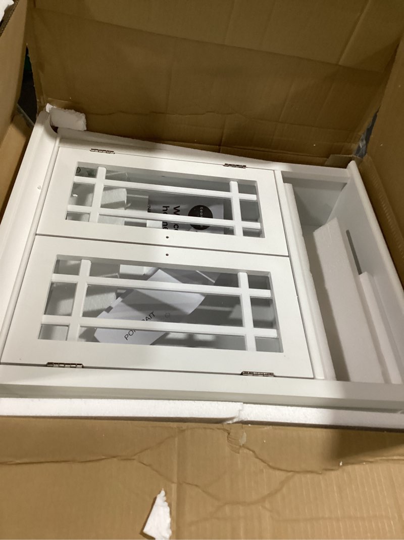 Condition photo showing Good Condition for derby bathroom wall cabinet with fretwork glass doors – white wood storage cabinet with adjustable shelves – over-the-toilet organizer for bathroom, laundry, or powder room by alaterre furniture