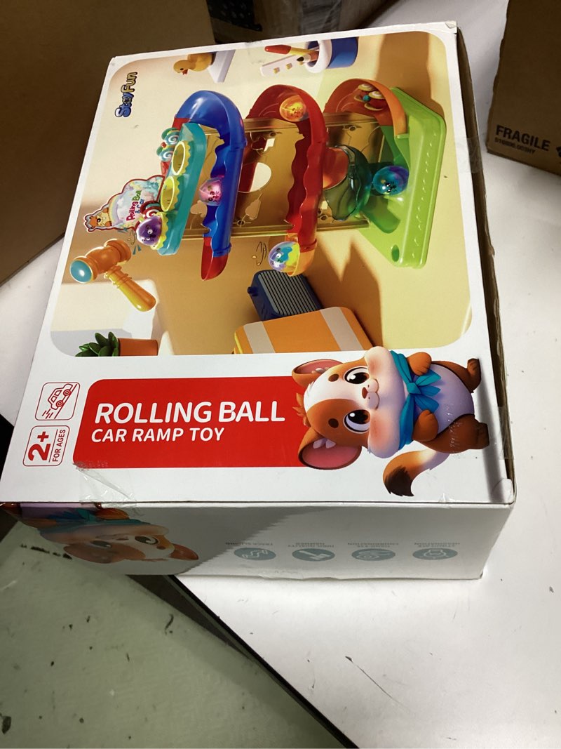 Condition photo showing New/Like New for 2-in-1 rolling ball & car ramp race track for toddlers, hammer ball drop toy for boys & girls, interactive playset w/sensor lights - montessori stem learning toys for kids 1-5+ year old blue + red + orange + green