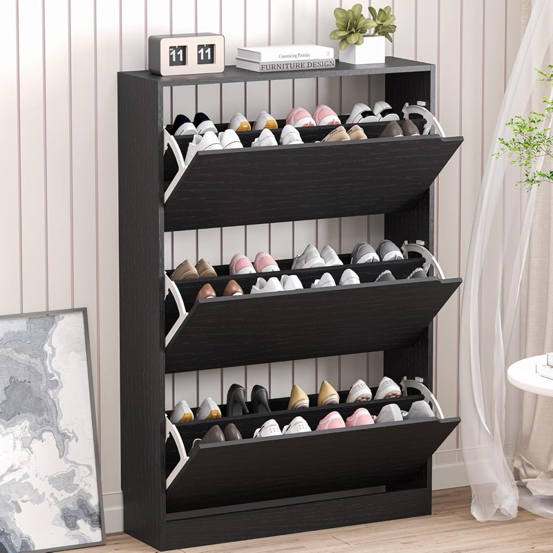 garveehome shoe cabinet with 2 flip drawers, wooden shoe organizer cabinet with adjustable shelf, sh