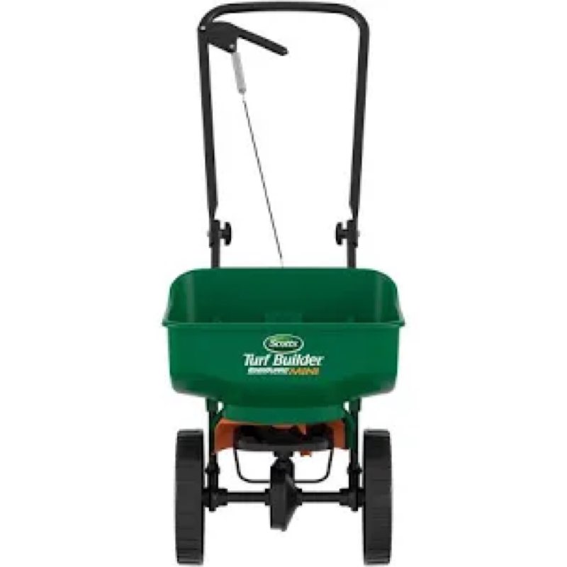 scotts turf builder edgeguard mini broadcast spreader for grass seed, fertilizer, salt, ice melt