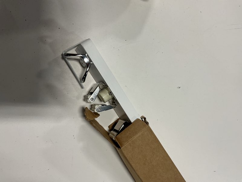 Condition photo showing As Is for mop and broom holder wall mount, no drill over the door broom and mop holder with 4 slots and 4 hooks, wood tool hanger for laundry, cabinet, kitchen, garage white