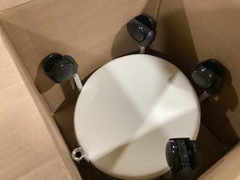 Condition photo showing As Is for ** NEEDS HARDWARE** (No screws) Modern Roller Seat PU Leather Low Round Rolling Stool 360° Swivel Small Stool with Universal Caster Wheels Foot Stool for Home Office Garage Shop Fitness Sport H?12.4\" ?White?