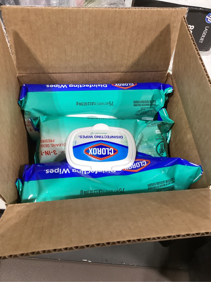 Condition photo showing New/Like New for clorox disinfecting wipes flex pack, bleach free, fresh scent, 75 count, pack of 3 (pack may vary) fresh scent 75 count (pack of 3)