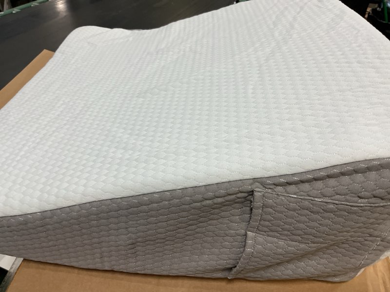 Condition photo showing As Is for bedluxe wedge pillow, 10 inch bed wedge pillow for headboard, pillow wedge for acid reflux relief, sleeping, back pain relief, snoring, triangle pillow wedge, white/grey 24*24*10 inch white grey