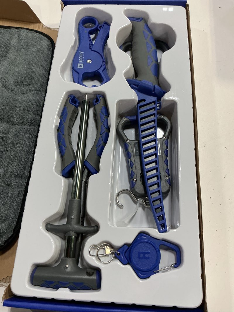 Condition photo showing New/Like New for booms fishing gear and equiment: 9pcs fishing tool kit - 7" fillet knife, 9" needle nose pliers, digital fish scale with gripper, dehooker, scissors, towel, retractor and 2 lanyard for saltwater, xt05 xt05-9pcs
