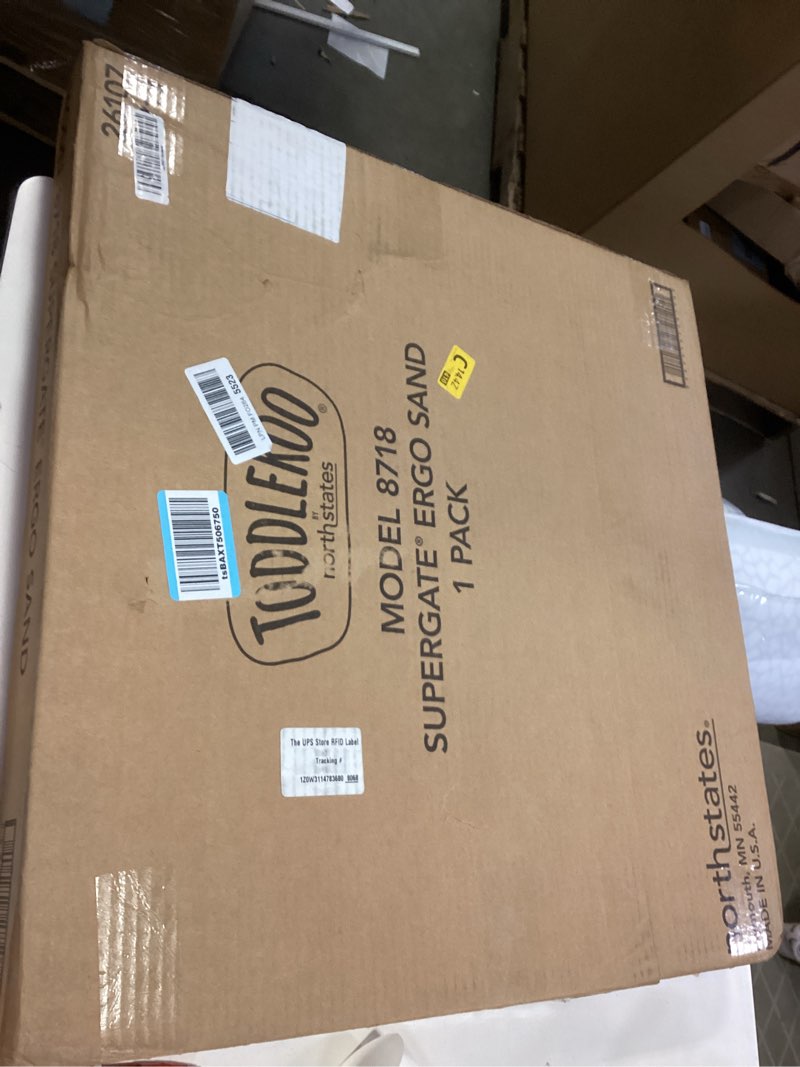 Condition photo showing New/Like New for Toddleroo by North States 42” Wide Supergate Ergo Baby Gate, Made in USA: For Doorways or stairways. Includes Wall Cups. Pressure or Hardware Mount. 26” - 42” Wide (26" Tall, Sand) (B01HG7E5R8)