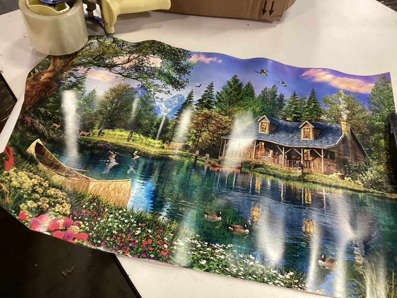 Condition photo showing Good Condition for The Fishing Cabin Autumn Landscape Rustic Painting 11x14 Unframed Poster - Cozy Log Mountain River Scene,Tranquil Fall Forest Artwork,Stream Wall Art,Snow-Capped Peaks,Outdoor Wilderness Retreat Décor Unframed Print Poster 14"L x 11"W