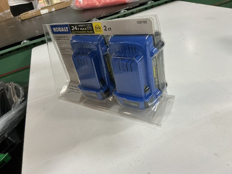 Condition photo showing As Is for kobalt 24 -volt 2 -pack battery ( 4 ah 4 ah lithium-ion )