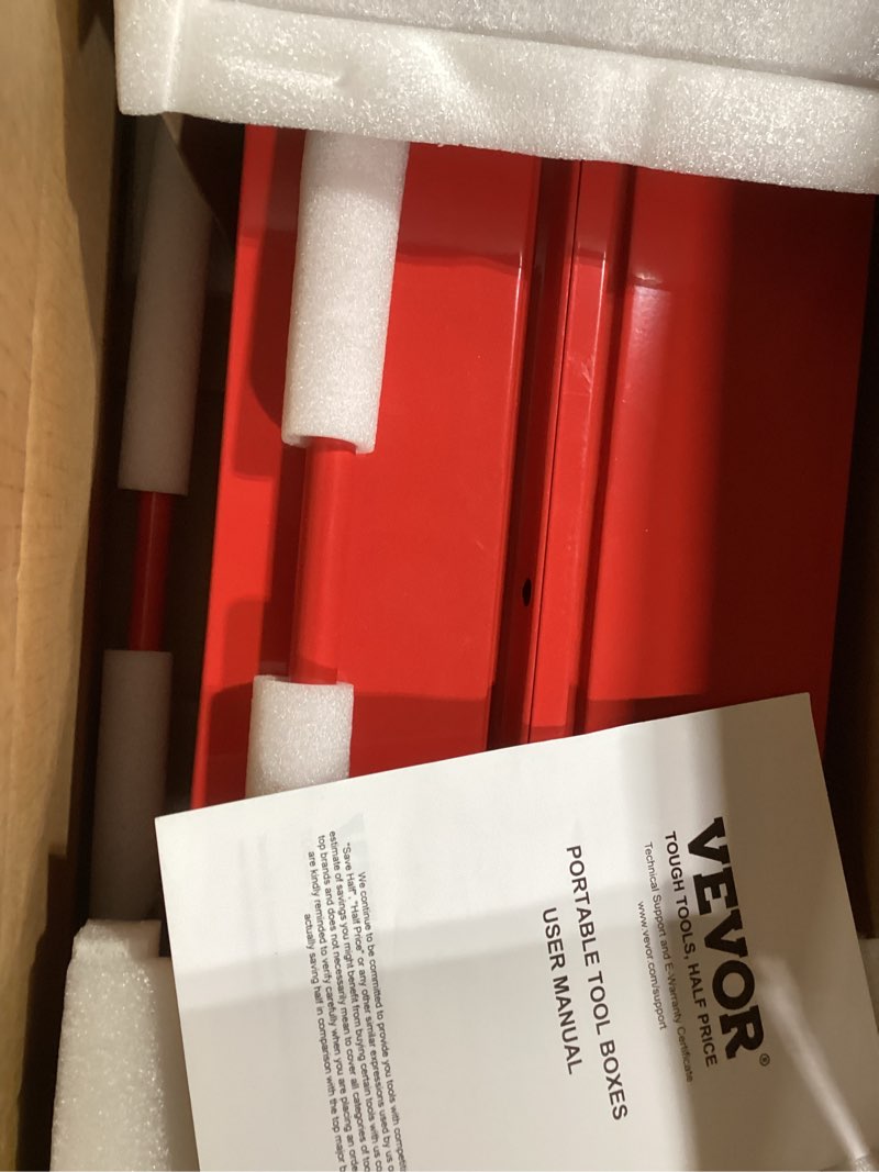 Condition photo showing Good Condition for WORKPRO Metal Tool Box, 18-inch Cantilever Folding Red Storage Box, 3-Layer 5-Tray Multi-Function Tool Organizer, Red