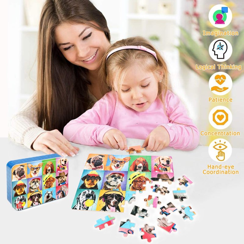 LELEMON Puzzles for Kids Ages 4-6,Dog 60 Piece Puzzles for Kids Ages 4-8,Children Jigsaw Puzzles Kids Puzzles in a Metal Box,Educational Learning Puzzle Toys for Girls and Boys